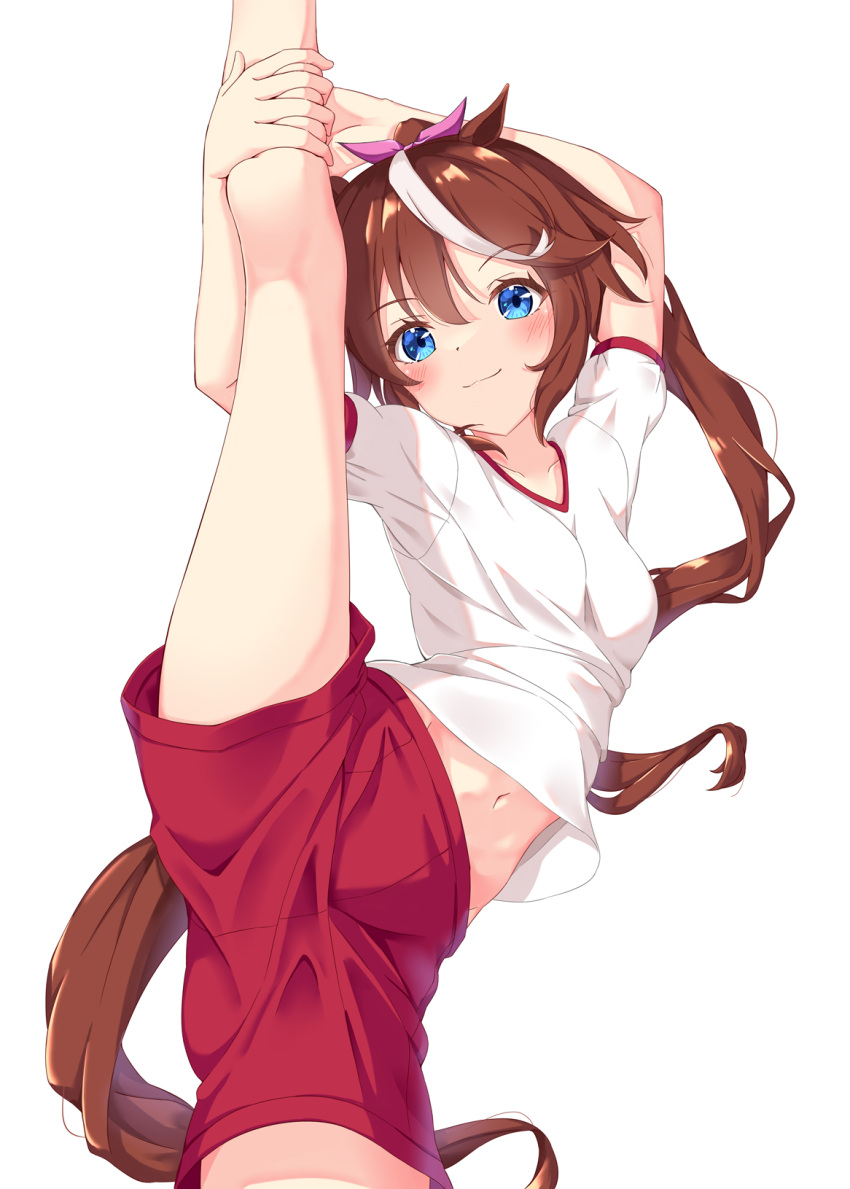 animal_ears blue_eyes blush bow breasts brown_hair commentary_request female futarino_ririsu hair_between_eyes highres holding_own_leg horse_ears horse_girl horse_tail looking_at_viewer multicolored_hair pink_bow red_shorts shirt shorts simple_background small_breasts smile solo split standing standing_on_one_leg standing_split streaked_hair tail tokai_teio_(umamusume) umamusume white_background white_hair white_shirt