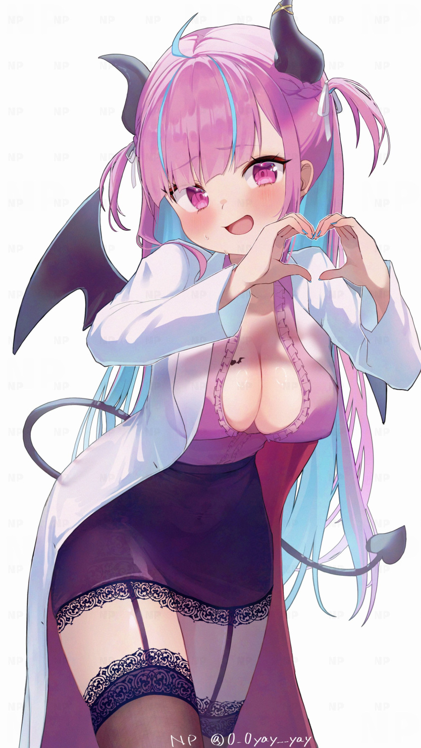 00s1g00 absurdres ahoge artist_name black_horns black_skirt black_thighhighs black_wings blue_hair blunt_bangs breast_tattoo breasts brown_thighhighs center_frills cleavage coat collarbone colored_inner_hair cosplay demon_girl demon_horns demon_tail demon_wings female frilled_shirt frills garter_straps hair_ribbon heart heart_hands highres hololive horn_ornament horn_ring horns lab_coat lace-trimmed_legwear lace-trimmed_skirt lace-trimmed_thighhighs lace_trim large_breasts long_coat long_hair long_sleeves looking_at_viewer minato_aqua miniskirt multicolored_hair open_clothes open_coat open_mouth pencil_skirt pink_shirt purple_eyes purple_hair red_coat ribbon shirt sidelocks simple_background skirt solo streaked_hair sweatdrop tail tattoo thighhighs two-sided_coat two-sided_fabric two-tone_hair very_long_hair virtual_youtuber white_background white_coat white_ribbon wings yuzuki_choco yuzuki_choco_(1st_costume) yuzuki_choco_(cosplay) zettai_ryouiki