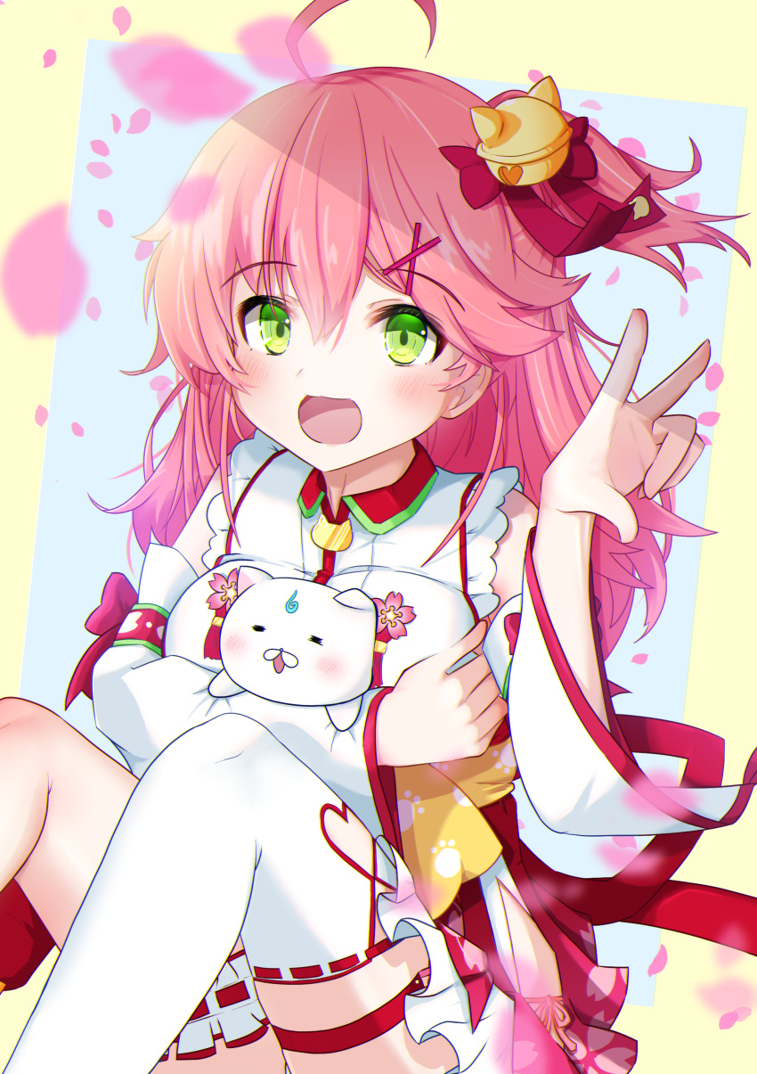 35p_(sakura_miko) absurdres ahoge bad_id bad_pixiv_id female green_eyes hair_ornament highres hololive long_hair nontraditional_miko pink_hair rate_mogyu sakura_miko sakura_miko_(1st_costume) solo v virtual_youtuber x_hair_ornament