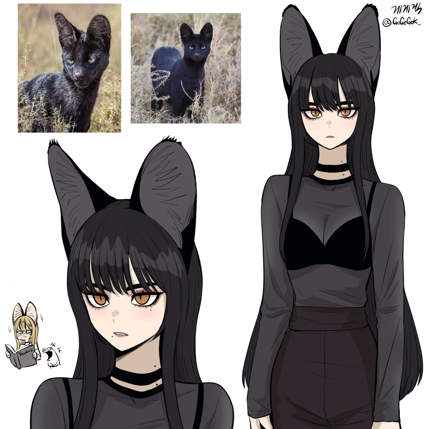 absurdres animal_ears black_bra black_choker black_hair blonde_hair bra cat_girl choker creature_and_personification female gegegekman highres long_hair mole mole_under_eye mole_under_mouth original personification photo_inset reference_inset see-through_clothes see-through_shirt serval_gf_(gegegekman) shirt simple_background slit_pupils underwear white_background