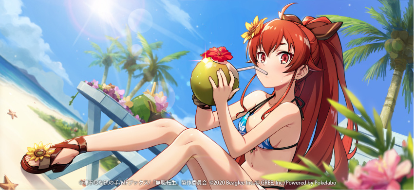 ahoge artist_request beach bikini blue_bikini blurry blurry_foreground breasts cloud coconut_cup coconut_tree copyright_notice drinking_straw eris_greyrat female flower footwear_flower hair_flower hair_ornament hair_ribbon highres long_hair mushoku_tensei mushoku_tensei:_game_ni_nattemo_honki_dasu navel ocean official_art palm_tree pink_flower red_eyes red_flower red_hair ribbon sitting sky solo starfish sun swimsuit table tree yellow_flower