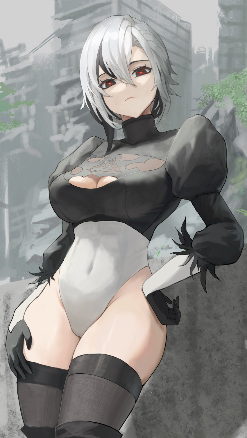 2b_(nier:automata) 2b_(nier:automata)_(cosplay) absurdres alternate_costume arlecchino_(genshin_impact) black_eyes black_gloves black_hair black_leotard black_thighhighs breasts cleavage_cutout closed_mouth clothing_cutout commentary cosplay covered_navel crossover female genshin_impact gloves hair_between_eyes hand_on_own_hip haruhachiya highleg highleg_leotard highres juliet_sleeves large_breasts leotard lips long_hair long_sleeves looking_at_viewer multicolored_hair nier:automata nier_(series) pink_lips puffy_sleeves solo symbol-shaped_pupils thighhighs thighs two-tone_hair two-tone_leotard unfinished white_hair white_leotard x-shaped_pupils x_x