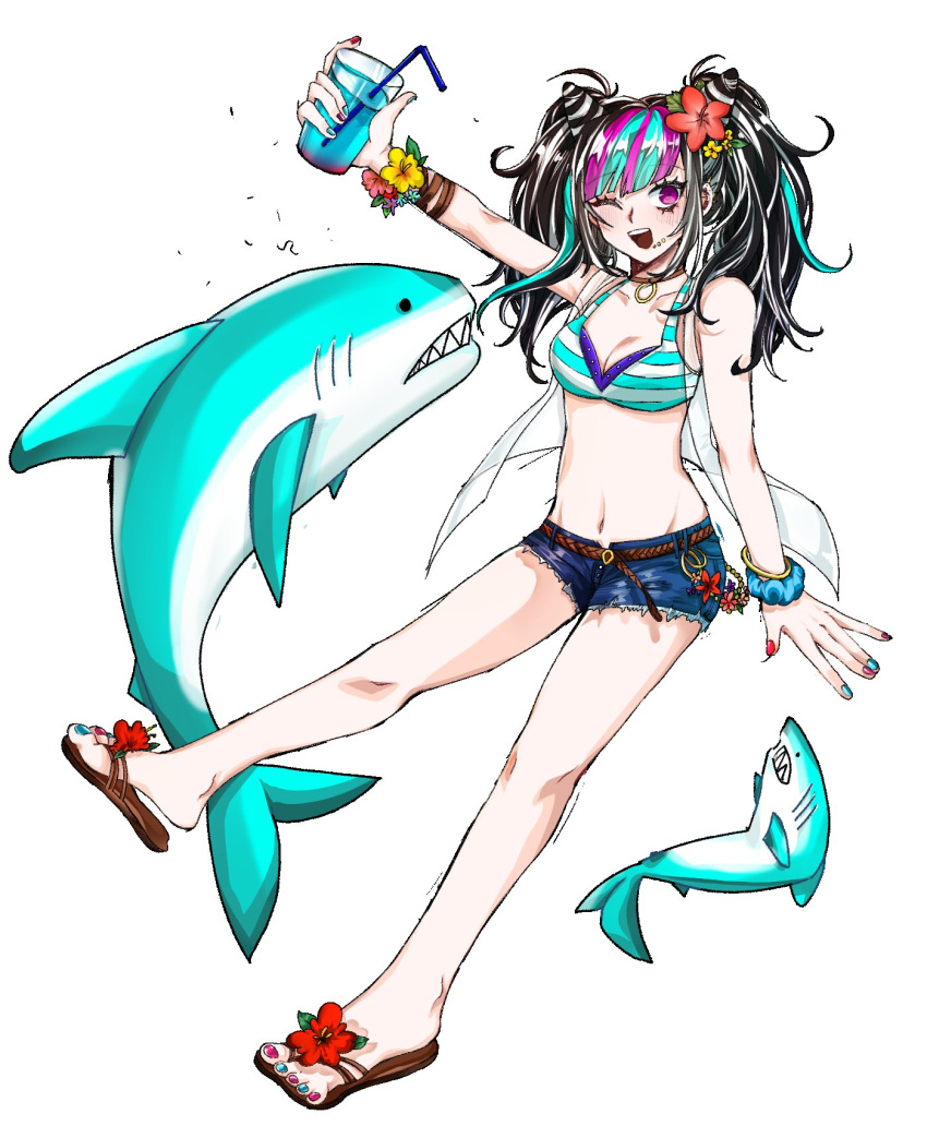 alcohol alternate_costume bad_id bad_twitter_id bare_legs belt belt_buckle bikini black_hair blue_bikini blue_flower blue_hair blue_nails blue_scrunchie blue_shorts blunt_bangs bracelet breasts brown_belt brown_choker brown_footwear buckle chains choker closed_mouth commentary_request cone_hair_bun cup danganronpa_(series) danganronpa_2:_goodbye_despair denim denim_shorts double_bun drink drinking_glass drinking_straw ear_piercing eyelashes feet female floating_clothes flower flower_bracelet flower_charm footwear_flower full_body gold_bracelet gold_chain hair_bun hair_flower hair_ornament happy hibiscus highres holding holding_drink hy_(fjvlg) jacket jewelry korean_commentary leaf light_blush lip_piercing long_hair looking_at_viewer medium_breasts mioda_ibuki multicolored_hair multicolored_nails multiple_bracelets multiple_piercings nail_polish navel o-ring o-ring_choker one_eye_closed open_clothes open_jacket open_mouth outstretched_arms piercing pink_eyes pink_hair red_flower red_nails sandals scrunchie shark short_shorts shorts simple_background sleeveless sleeveless_jacket smile solo spike_piercing stomach streaked_hair striped_bikini striped_clothes swimsuit teeth toenail_polish toenails toes twintails two-tone_bikini upper_teeth_only white_background white_bikini white_hair white_jacket wrist_scrunchie yellow_flower