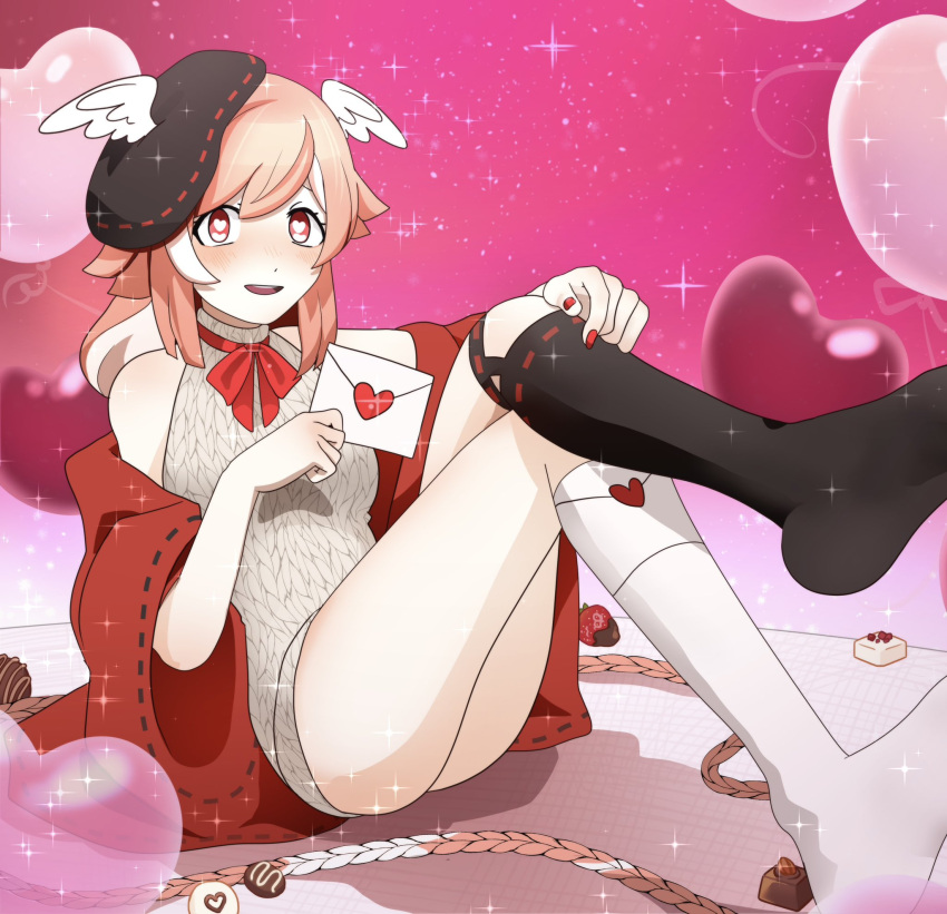 balloon bare_shoulders beret braid cable_knit chocolate feathered_wings food fruit hand_on_own_leg hat head_wings heart heart-shaped_pupils heart_balloon highres holding holding_letter indie_virtual_youtuber jacket letter light_blush long_hair looking_at_viewer love_letter mismatched_socks multicolored_hair nail_polish neck_ribbon pillowdear pillowdear_(artist) pillowdear_(old_design) pink_hair red_eyes red_jacket red_nails red_ribbon ribbon sitting strawberry symbol-shaped_pupils twin_braids two-tone_hair very_long_hair virtual_youtuber wings