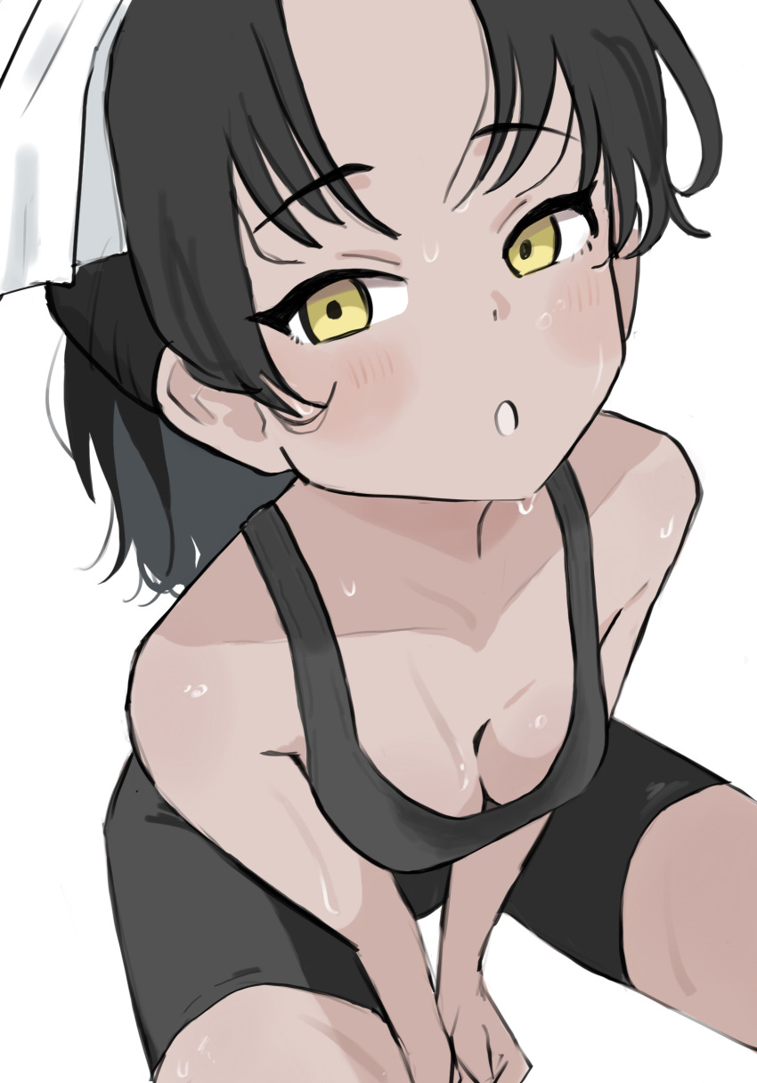 bike_shorts black_hair blue_archive blush breasts cleavage dark-skinned_female dark_skin female highres long_hair nicora ponytail rickshaw_student_(blue_archive) sitting small_breasts solo sports_bra sweat sweaty_clothes tan white_background yellow_eyes