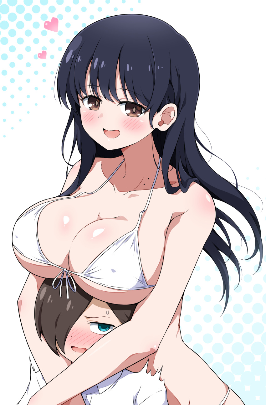 1boy :d absurdres bare_arms bikini black_hair blue_eyes blush boku_no_kokoro_no_yabai_yatsu breast_rest breasts brown_eyes brown_hair cleavage collarbone commentary_request covered_nipples eggman_(ni_tamagoex) embarrassed female hair_over_one_eye heart highres hug hug_from_behind ichikawa_kyoutarou large_breasts long_hair open_mouth shirt simple_background smile swimsuit trembling wavy_mouth white_background white_bikini white_shirt yamada_anna