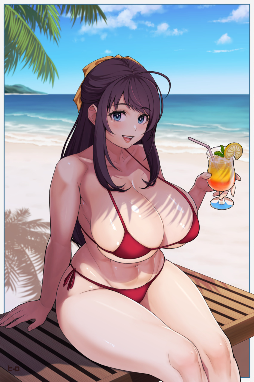 ahoge bare_shoulders beach bikini black_hair breasts curvy day drink drinking_straw female hero_(do-belman) highres holding huge_breasts large_breasts long_hair looking_at_viewer original outdoors palm_tree pina_colada plump red_bikini shadow sitting sky smile solo summer swimsuit thighs tree water