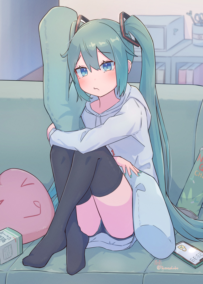 :s aqua_eyes aqua_hair aqua_nails black_shirt black_thighhighs blush book bookshelf can cellphone commentary_request couch cup doodle_inset double-parted_bangs drawstring female full_body furrowed_brow hair_ornament hatsune_miku highres holding hood hoodie hugging_object indoors juice_carton knees_up long_hair long_sleeves mug no_shoes on_couch panties panty_peek phone plush_food scissors shirt sitting smartphone solo spring_onion stuffed_food thighhighs twintails underwear upshorts very_long_hair vocaloid white_hoodie white_panties yasuno-labo