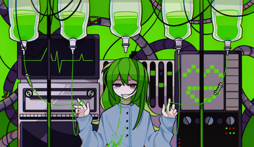 1boy blue_shirt brown_eyes cardiogram chinese_commentary commentary_request drooling enkephalin_(project_moon) giovanni_(project_moon) green_hair grin hands_up highres intravenous_drip kuwuzhengpai lobotomy_corporation long_hair long_sleeves male_focus mouth_drool project_moon purple_hair shirt smile solo stain