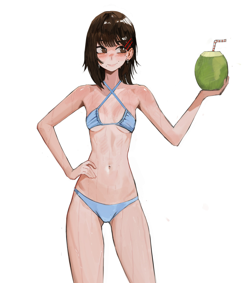 absurdres ass_visible_through_thighs bikini blue_bikini breasts brown_eyes brown_hair chainsaw_man closed_mouth coconut coconut_cup drinking_straw female higashiyama_kobeni highres medium_hair mole mole_under_eye mole_under_mouth navel simple_background small_breasts smile solo swimsuit tefi_blum wet white_background