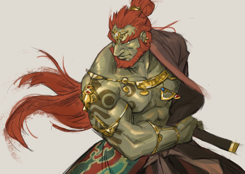 1boy abs arm_out_of_sleeve bara bare_pectorals beard colored_skin commentary english_commentary facial_hair forked_eyebrows ganondorf green_skin hadanugi_dousa holding holding_weapon jewelry long_hair male_focus muscular muscular_male nick300 pectorals red_eyes solo the_legend_of_zelda the_legend_of_zelda:_tears_of_the_kingdom thick_eyebrows weapon