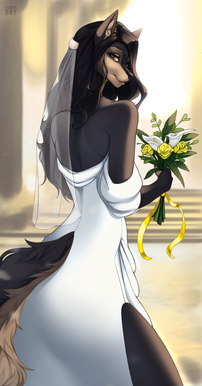 2024 absurd_res amela_(esperlin) anthro black_hair bouqet bouquet bride canid canine canis ceremony clothed clothing digital_media_(artwork) dress eyebrows eyelashes female flower hair hi_res holding_bouquet holding_flower holding_object long_hair mammal plant shaded smile snout solo v3nusbby wedding wedding_dress wedding_veil white_clothing white_dress wolf