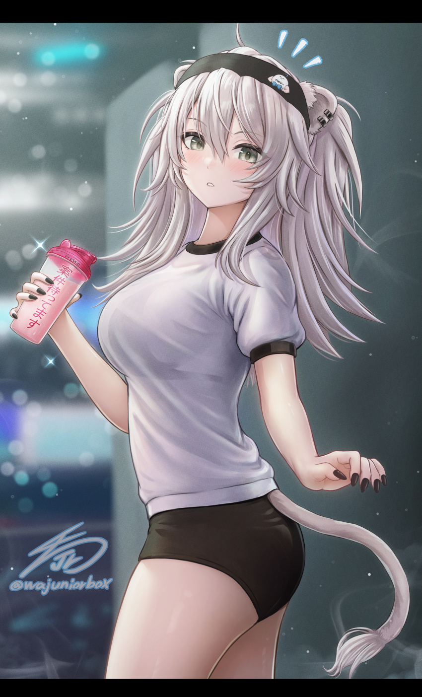 absurdres ahoge animal_ears ass black_buruma black_headband black_nails breasts buruma cup earrings female from_side grey_eyes gym_uniform hair_between_eyes headband highres holding holding_cup hololive jewelry lion_ears lion_girl lion_tail shirt shishiro_botan signature solo tail twitter_username wajuniorbox white_shirt