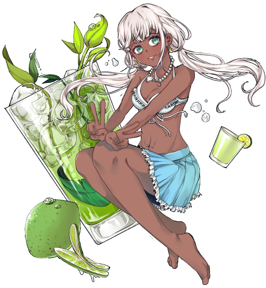 alcohol aqua_eyes bad_id bad_twitter_id bare_arms bare_legs bare_shoulders barefoot bead_necklace beads bikini bikini_ribbon blue_skirt blunt_bangs breasts cleavage commentary_request crescent crescent_earrings cup danganronpa_(series) danganronpa_v3:_killing_harmony dark-skinned_female dark_skin dot_nose double_v drink earrings eyelashes feet female floating_hair food frilled_bikini frilled_skirt frills fruit full_body highres holding holding_cup hy_(fjvlg) ice ice_cube jewelry knees korean_commentary leaf light_blush lime_(fruit) lime_slice long_hair looking_at_viewer low_twintails miniskirt navel_piercing necklace no_coat no_shoes outstretched_arms parted_lips piercing pleated_skirt ribbon shell shell_necklace simple_background sitting skirt small_breasts smile solo swimsuit teeth toes twintails v water_drop white_background white_bikini white_hair white_ribbon yonaga_angie