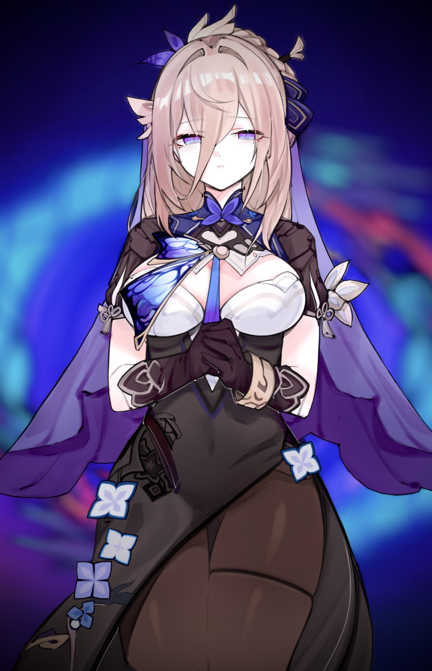 absurdres aponia_(butterfly_dreams)_(honkai_impact) aponia_(honkai_impact) black_dress black_gloves black_pantyhose blonde_hair blue_background blue_eyes breasts chinese_commentary closed_mouth commentary_request dress error1980 female gloves highres honkai_(series) honkai_impact_3rd large_breasts looking_at_viewer medium_hair official_alternate_costume own_hands_together pantyhose purple_veil solo veil