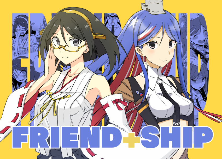 2girls bare_shoulders black_hair black_necktie blue_hair breasts commentary_request crop_top detached_sleeves english_text glasses headgear japanese_clothes kantai_collection kirishima_(kancolle) long_hair looking_at_viewer medium_breasts midriff multiple_girls multiple_views necktie nontraditional_miko red_hair ribbon-trimmed_sleeves ribbon_trim shirt smile south_dakota_(kancolle) star_(symbol) tsuji_kazuho upper_body white_hair white_shirt wide_sleeves yellow-framed_eyewear