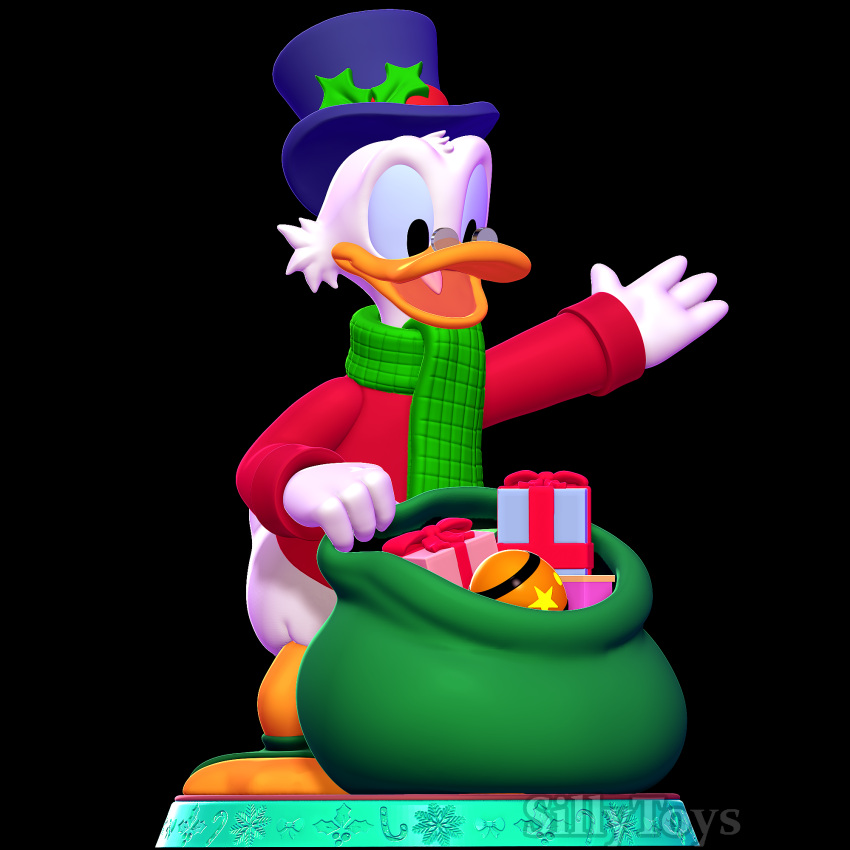 1:1 3d_(artwork) 3d_modeling 3d_print anatid anseriform anthro avian bag beak bird christmas clothing digital_media_(artwork) duck eyewear gesture gift glasses happy hat headgear headwear hi_res holidays looking_straight male open_mouth scarf scrooge_mcduck sillytoys simple_background smile solo standing tongue waving