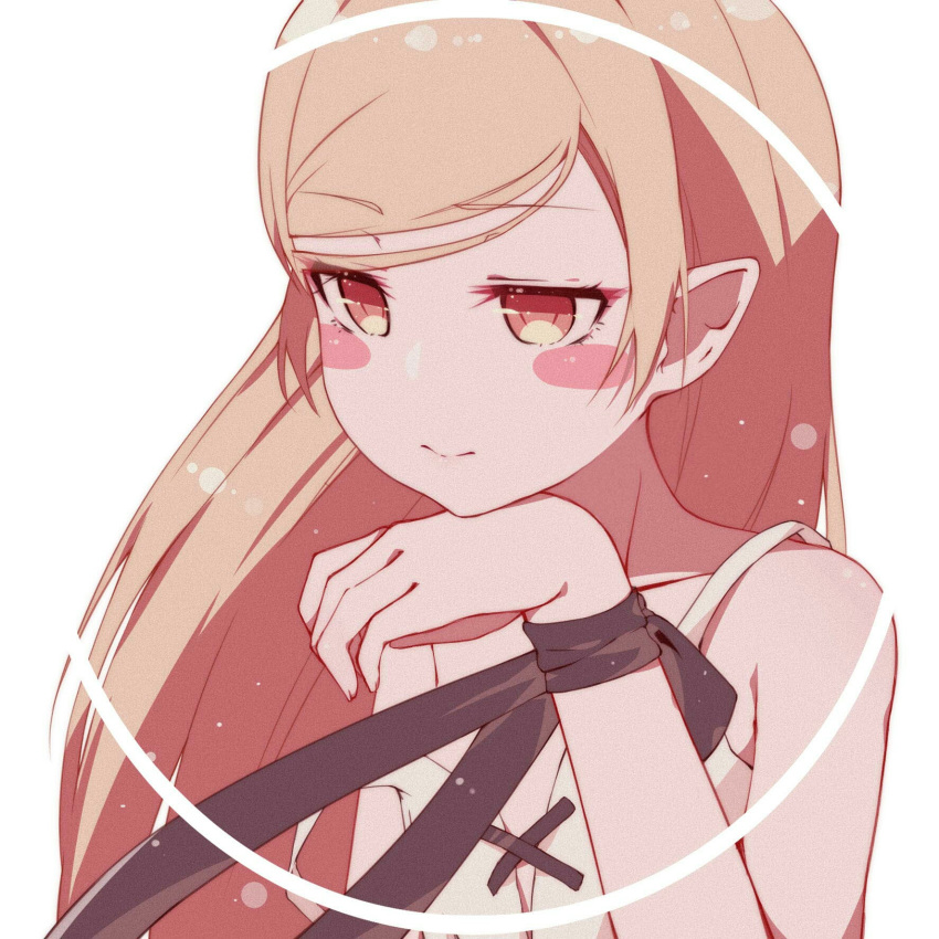 aged_down aged_up aka_kan bad_id bad_pixiv_id black_ribbon blonde_hair blush blush_stickers breasts circle closed_mouth commentary dress expressionless female film_grain floating_hair hand_on_own_chin hand_up highres kiss-shot_acerola-orion_heart-under-blade kizumonogatari lace-up light_particles long_hair looking_afar looking_ahead monogatari_(series) oshino_shinobu pensive pointy_ears ribbon ringed_eyes sleeveless sleeveless_dress small_breasts solo strap_slip sundress swept_bangs white_background white_dress wrist_ribbon yellow_eyes