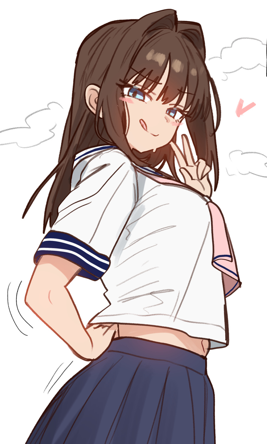 absurdres aged_down aozaki_aoko ascot blue_eyes blue_sailor_collar blue_skirt breasts brown_hair ebora female hand_on_own_hip highres looking_at_viewer mahou_tsukai_no_yoru midriff navel pink_ascot sailor_collar sailor_shirt school_uniform shirt sidelocks skirt smile solo tongue tongue_out v white_background white_shirt