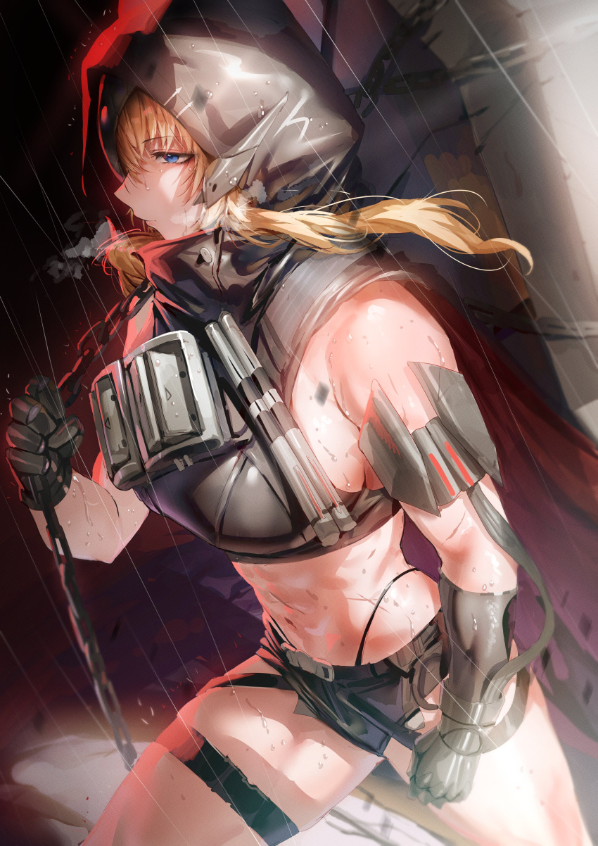 absurdres black_gloves black_mask blonde_hair blue_eyes breasts chains female gloves goddess_of_victory:_nikke grave_(nikke) highres hood hood_up long_hair masked midriff muscular muscular_female rain rororo sideboob solo tactical_clothes thick_thighs thighs water_drop