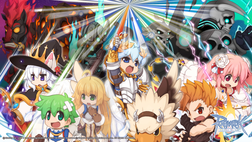 3girls 5boys ahoge animal_ear_fluff armor bald black_cape black_hat blue_eyes blue_fire blue_gemstone blue_hair blue_shirt breastplate cape chainmail choker contaminated_raydric copyright_notice corrupted_wanderer crossed_bandaids crown_hat dark_lord_(ragnarok_online) dress extra_eyes feathered_wings fire flower frilled_dress frilled_sleeves frills fur-trimmed_cape fur_trim gem green_eyes green_hair griffin gryphon_(ragnarok_online) hair_flower hair_ornament hat highres holding holding_staff holding_sword holding_weapon living_armor logo multiple_boys multiple_girls official_alternate_costume official_art official_wallpaper open_mouth orange_hair pauldrons pink_hair ragnarok_online red_cape red_choker red_eyes rose royal_guard_(ragnarok_online) shirt shoulder_armor sleeveless sleeveless_dress staff stiff_lava_golem stiff_nightmare_terror super_novice_(ragnarok_online) sura_(ragnarok_online) sword turtleneck turtleneck_shirt two-sided_cape two-sided_fabric two-tone_shirt undead v-shaped_eyebrows wanderer_(ragnarok_online) warlock_(ragnarok_online) weapon white_dress white_flower white_hair white_rose white_shirt white_wings wide_sleeves wings witch_hat yuichirou