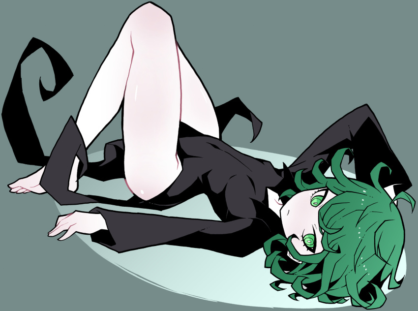 akableak arm_behind_head barefoot black_dress breasts bright_pupils closed_mouth commentary dress expressionless eyelashes female from_side full_body green_background green_eyes green_hair highres knees_together_feet_apart knees_up long_sleeves looking_at_viewer looking_to_the_side lying on_back one-punch_man pale_skin pelvic_curtain ringed_eyes romaji_commentary short_hair side_slit small_breasts solo tatsumaki toes wavy_hair white_pupils