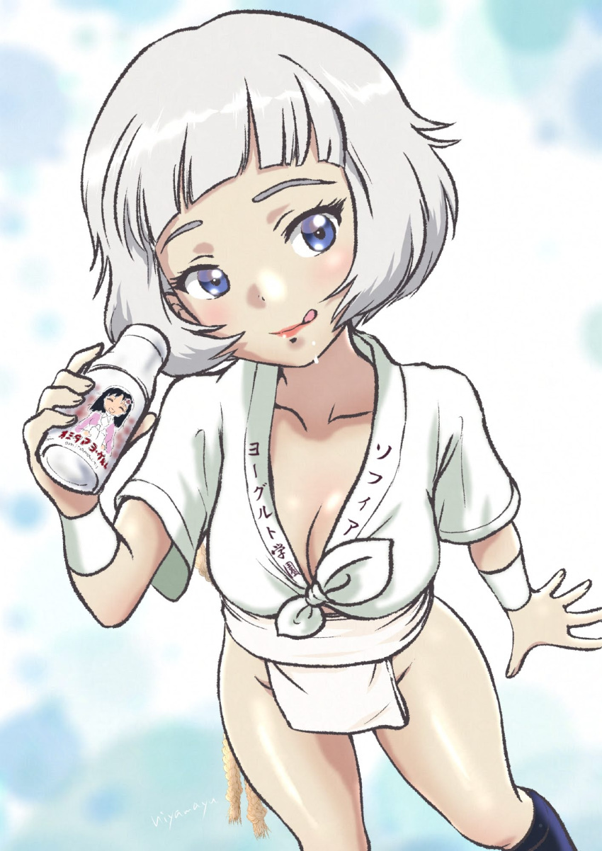 black_socks blue_eyes bottle breasts cleavage collarbone crop_top female fundoshi girls_und_panzer groin happi highres hiyama_yuu_(wee259hiyama) holding holding_bottle japanese_clothes lipstick makeup mizu_happi shirt short_hair short_sleeves socks sophia_(girls_und_panzer) tied_shirt tongue tongue_out translation_request white_hair yogurt