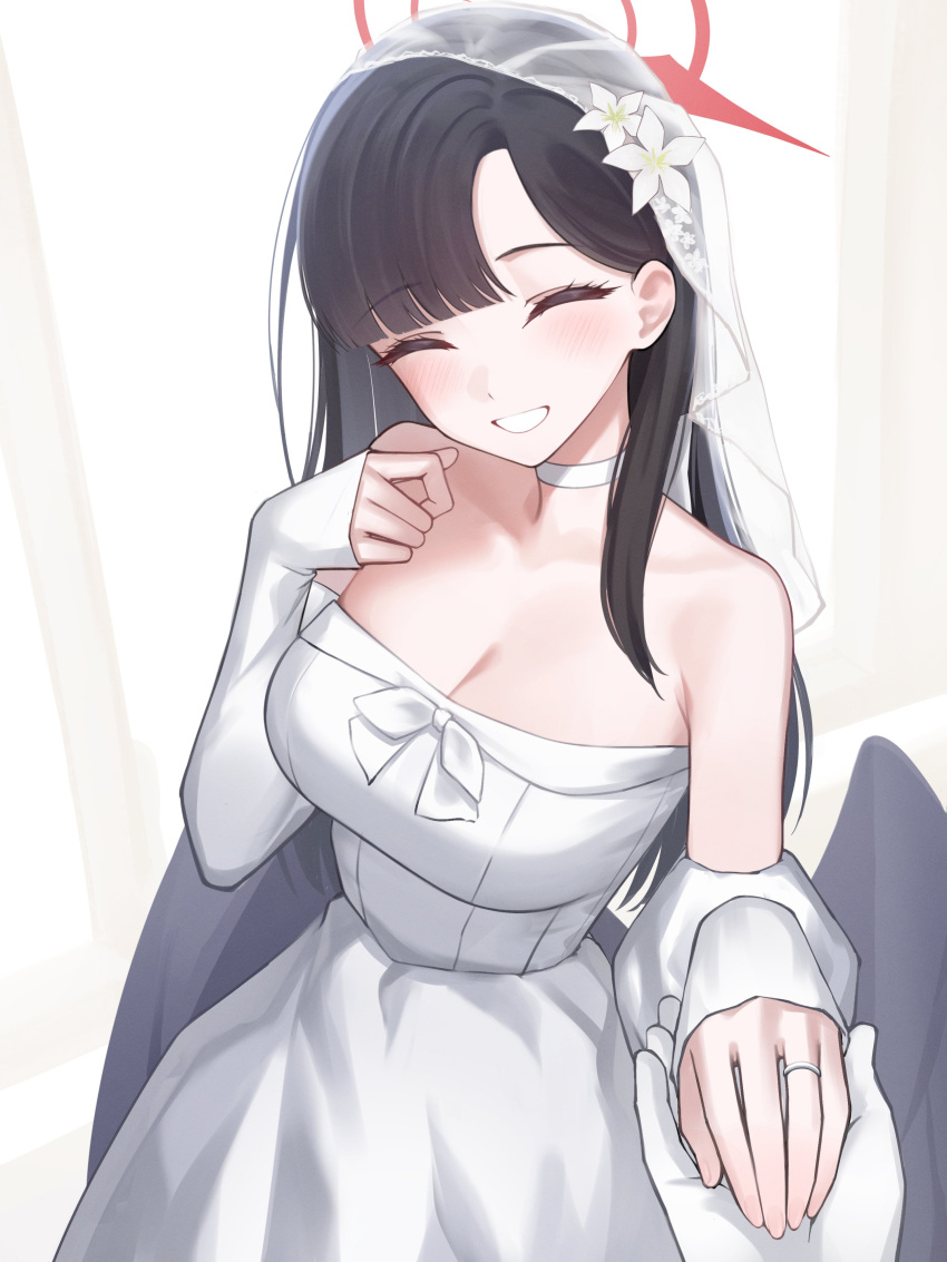 absurdres aoi_riko black_wings blue_archive bridal_veil bride choker dress feathered_wings female gloves halo highres ichika_(blue_archive) jewelry low_wings pov pov_hands red_halo ring veil wedding wedding_dress wedding_ring white_dress white_gloves wings