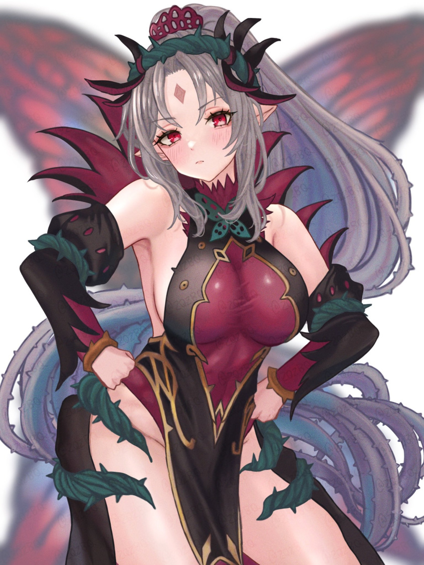 bare_shoulders blush breasts closed_mouth commentary detached_sleeves facial_mark fairy_wings female fire_emblem fire_emblem_heroes forehead_mark grey_hair hair_vines hands_on_own_hips highleg highres large_breasts long_hair looking_at_viewer pelvic_curtain plant plumeria_(fire_emblem) pointy_ears ponytail simple_background solo vines white_background wings zqzbq