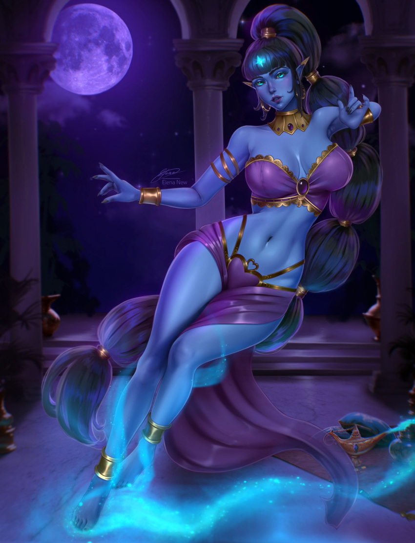 anklet armlet aurelia_irithyll_(real_diviner) barefoot black_hair blue_eyes blue_skin bra bracelet breasts colored_skin earrings elena_new_art female full_moon genie gold_anklet gold_armlet gold_bracelet gold_earrings high_ponytail highres hoop_earrings jewelry large_breasts loincloth long_hair looking_at_viewer magic moon navel night oil_lamp original pointy_ears purple_bra purple_lips purple_loincloth silo solo underwear very_long_hair