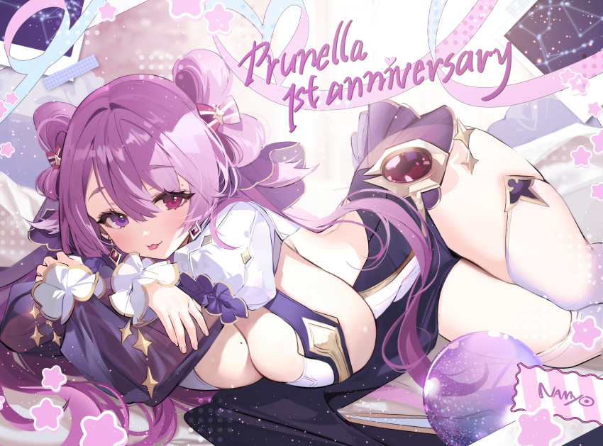 absurdres artist_name black_dress bow breasts character_name constellation crystal_ball dress eyelashes female hairbow heterochromia highres indie_virtual_youtuber large_breasts lying mole mole_above_eye mole_on_breast multicolored_bow namyo on_side pink_bow pink_eyes prunella_fruity purple_bow purple_eyes purple_hair second-party_source solo star_(symbol) streamers striped_bow thighhighs tongue virtual_youtuber white_bow white_thighhighs