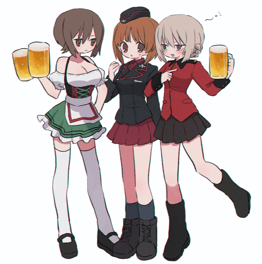 3girls :< :d :| @_@ alcohol apron arms_at_sides bare_shoulders beer beer_mug black_corset black_dress black_footwear black_hat black_jacket black_skirt black_socks blush bob_cut boots braid breasts brown_eyes brown_hair cleavage closed_mouth collared_shirt combat_boots commentary corset crown_braid cup dirndl dress dress_shirt drink drinking drunk epaulettes expressionless frilled_dress frills full_body garrison_cap german_clothes girls_und_panzer green_dress hair_between_eyes hair_up hand_on_own_hip hand_up hat highres holding holding_cup holding_drink index_finger_raised itsumi_erika jacket jitome knee_boots kneehighs kuromorimine_military_uniform large_breasts light_brown_hair locked_arms long_sleeves looking_at_another looking_to_the_side mary_janes medium_breasts military_jacket military_uniform miniskirt mug multicolored_clothes multicolored_dress multiple_girls nervous_sweating nishizumi_maho nishizumi_miho off-shoulder_dress off_shoulder open_mouth parted_lips pleated_skirt pointing puffy_short_sleeves puffy_sleeves red_jacket red_skirt red_trim red_undershirt ri_(qrcode) serving shirt shoes short_dress short_hair short_sleeves side-by-side sidelocks simple_background skirt small_breasts smile socks squeans standing sweat sweatdrop symbol-only_commentary thighhighs unamused waist_apron white_apron white_background white_dress white_thighhighs worried zettai_ryouiki