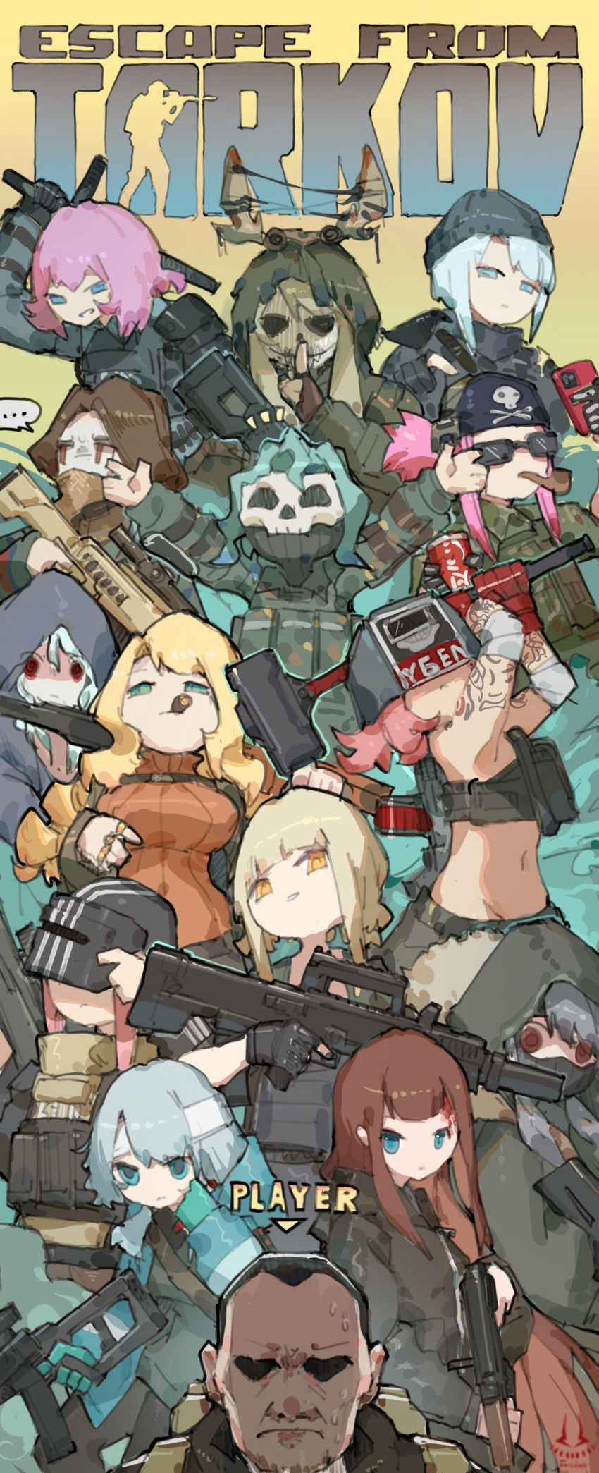 1boy 6+girls absurdres altyn_helmet ash-12 assault_rifle baton_(weapon) beanie blonde_hair blue_eyes blue_hair camouflage chibi combat_helmet copyright_name escape_from_tarkov frider ghillie_suit gun hammer hat helmet highres holding holding_gun holding_weapon load_bearing_equipment mask multiple_girls player_icon rifle skull_mask vsk-94 weapon yellow_eyes