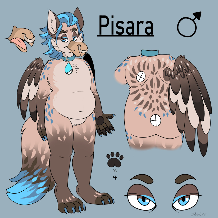 2021 4_toes 5_fingers anthro ass avian beak beak_piercing beak_ring beastofeuthanasia blue_background blue_claws blue_collar blue_eyes blue_hair blue_markings blue_tail_tip brown_beak brown_body brown_eyebrows brown_eyelids brown_feathers brown_fur brown_pawpads character_name cheek_tuft chest_tuft claws collar collar_tag colored digital_media_(artwork) dipstick_tail eyebrows facial_piercing facial_tuft feathered_wings feathers featureless_chest featureless_crotch feet finger_claws fingers fluffy fluffy_tail fur fur_markings furgonomics furry-specific_piercing gender_symbol gryphon hair half-closed_eyes hi_res long_tail looking_at_viewer male male_anthro markings medium_hair model_sheet mostly_nude_anthro mostly_nude_male multicolored_body multicolored_fur multicolored_tail mythological_avian mythological_creature mythology narrowed_eyes number pawpads piercing pisara_(sp00ksies) rear_view signature simple_background slightly_chubby slightly_chubby_anthro slightly_chubby_male solo standing straight_arm straight_legs symbol tail tail_markings tan_body tan_fur tan_inner_ear tan_tail text three-quarter_view toe_claws toes tuft wings