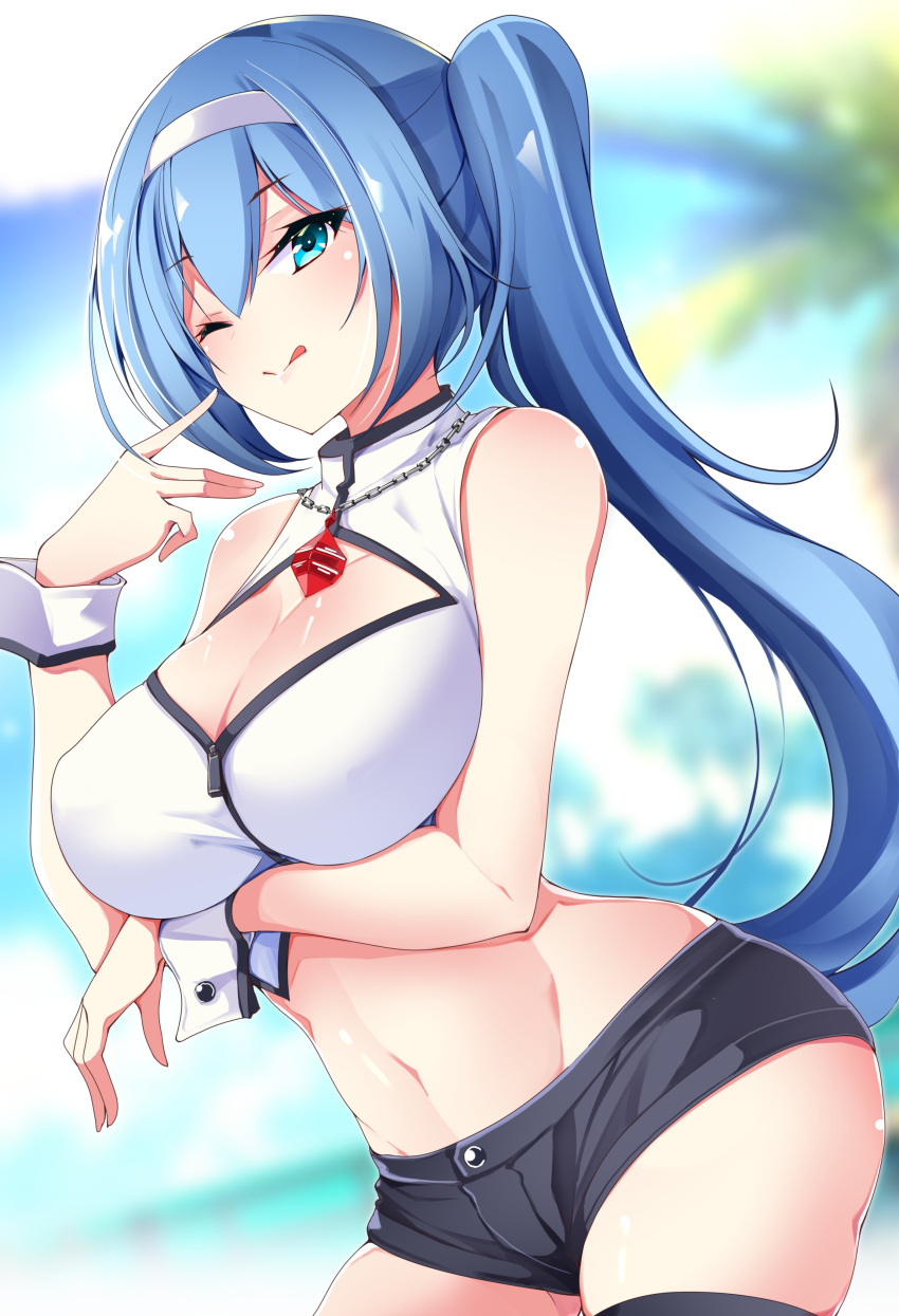 ;q absurdres alyssa_(specktech) arm_under_breasts black_shorts black_thighhighs blue_eyes blue_hair blush breasts cleavage cleavage_cutout clothing_cutout crop_top cropped_shirt english_commentary female hair_between_eyes hairband hand_up highres large_breasts long_hair looking_at_viewer midriff mutou_kurihito navel one_eye_closed original second-party_source shirt short_shorts shorts side_ponytail sleeveless sleeveless_shirt smile solo thighhighs thighs tongue tongue_out white_wrist_cuffs wrist_cuffs zipper