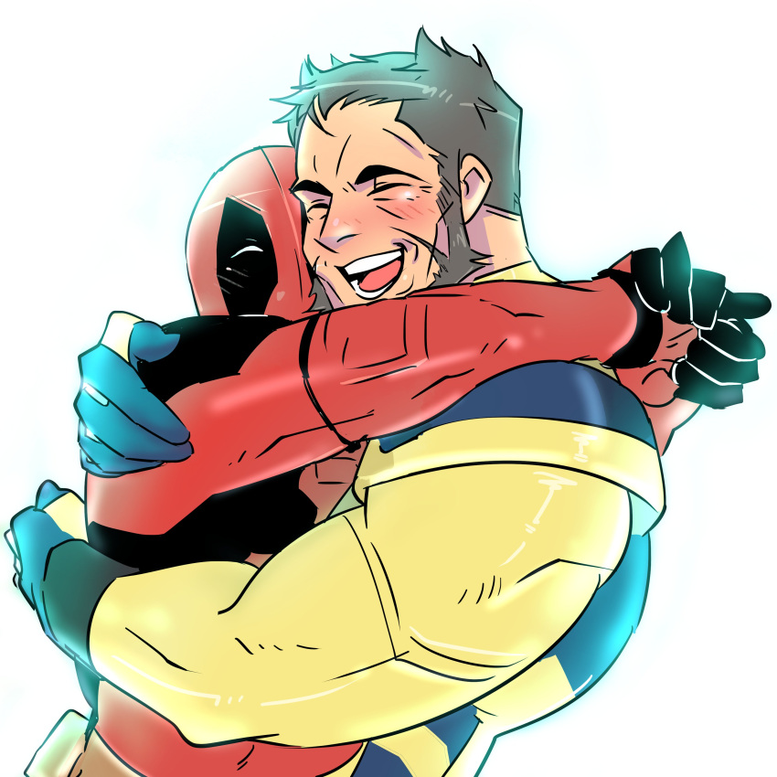 2boys absurdres arm_around_neck bara beard black_gloves blue_gloves blush bodysuit brown_hair closed_eyes commentary_request couple deadpool deadpool_&_wolverine deadpool_(series) facial_hair gloves happy highres hug korean_commentary male_focus marvel marvel_cinematic_universe mask mature_male multiple_boys muscular muscular_male mutual_hug open_mouth photo-referenced pinte_doodle red_bodysuit red_mask short_hair simple_background smile superhero_costume two-tone_bodysuit white_background wolverine_(x-men) x-men yaoi yellow_bodysuit