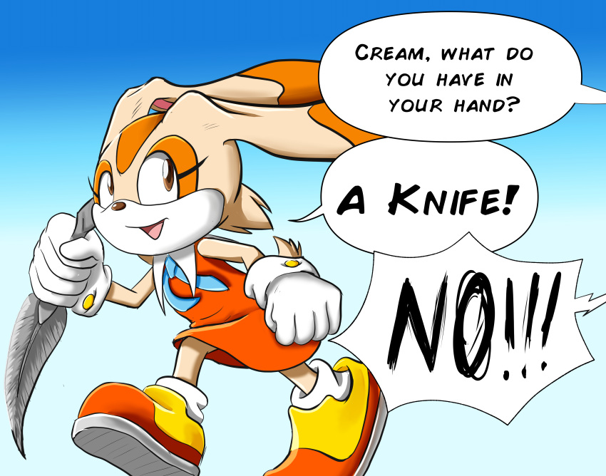 absurd_res anthro cream_the_rabbit female geminart hi_res humor joke knife lagomorph mammal meme running running_with_scissors sega silly smile solo sonic_the_hedgehog_(series)