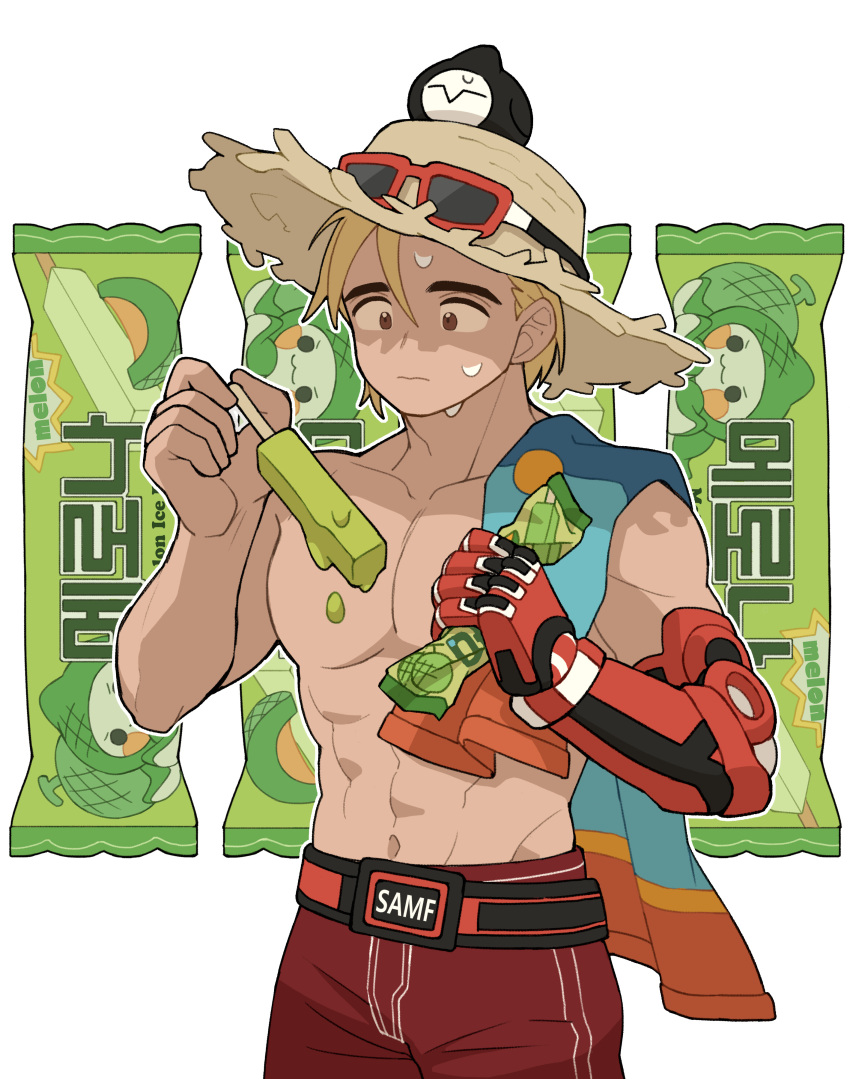 1boy abs absurdres arm_up belt blonde_hair brown_eyes cassidy_(overwatch) collarbone cowboy_shot dengcio eyewear_on_head food food_wrapper groin hat highres holding holding_food holding_popsicle hood hot lifeguard_cassidy male_focus male_swimwear melting_popsicle on_head overwatch overwatch_1 pectorals popsicle prosthesis prosthetic_arm reaper_(overwatch) red_male_swimwear red_swim_trunks simple_background straw_hat sweat sweatdrop swim_trunks topless_male towel towel_on_one_shoulder white_background