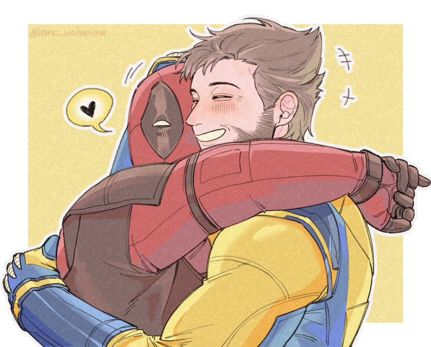 2boys arm_around_neck beard black_gloves blue_gloves blush bodysuit brown_hair closed_eyes commentary_request couple deadpool deadpool_&_wolverine deadpool_(series) facial_hair gloves grin hand_on_another's_head happy headpat heart highres hug k4nc_wolverine male_focus marvel marvel_cinematic_universe mask multiple_boys muscular muscular_male mutual_hug photo-referenced red_bodysuit red_mask short_hair smile spoken_heart superhero_costume twitter_username two-tone_bodysuit wolverine_(x-men) x-men yaoi yellow_bodysuit