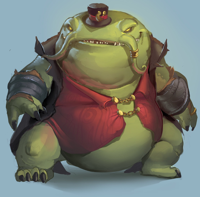 3_fingers anthro biped catfish claws clothed clothing coat demon fingers fish green_body green_scales hat headgear headwear hi_res league_of_legends male marine overweight overweight_anthro overweight_male raylor_7 red_undershirt riot_games scales solo tahm_kench_(lol) teeth tencent top_hat topwear whisker_ring whiskers yellow_eyes