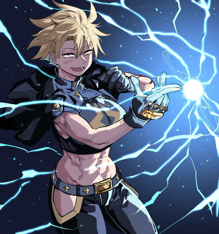 abs absurdres antares_topaz belt blonde_hair blue_background capelet denim female finger_gun gloves gradient_background highres hip_vent jeans lightning muscular muscular_female navel open_mouth original pants solo star_(symbol) topaz_(antares_topaz)