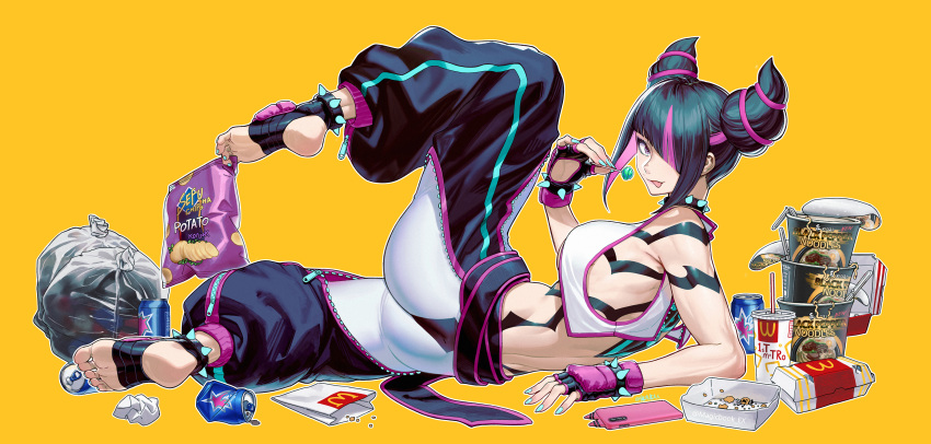 absurdres aqua_nails baggy_pants black_hair bracelet breasts can candy cellphone chips_(food) collar commentary_request cup_ramen female food hair_horns highres holding holding_candy holding_food holding_lollipop jewelry juri_han large_breasts lollipop looking_at_viewer mahousho multicolored_hair nail_polish pants phone potato_chips purple_eyes purple_hair short_hair smartphone solo spiked_anklet spiked_bracelet spiked_collar spikes streaked_hair street_fighter street_fighter_iv_(series) toeless_legwear toenail_polish toenails