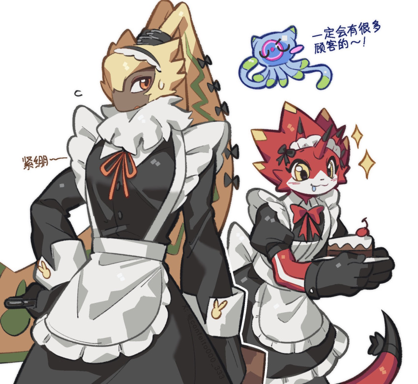 anthro bandai_namco betelgammamon clothed clothing confeito000_333 crossdressing digimon digimon_(species) digimon_ghost_game dress fur group hi_res jellymon long_ears maid_uniform male ponytail_ears red_body scalie symbareangoramon trio uniform yellow_body yellow_fur