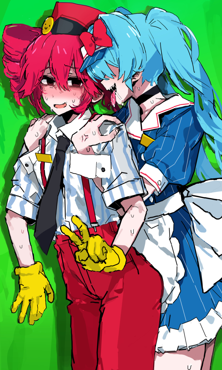 2girls absurdres anger_vein apron backdrop bent_v black_choker blue_dress blue_hair blue_shirt blush bow brown_eyes choker commentary cowboy_shot dress dry_humping emoji empty_eyes faceless faceless_female green_screen hair_between_eyes hair_over_eyes hat hat_bow hatsune_miku highres hug hug_from_behind humping kasane_teto long_bangs long_hair looking_at_viewer mekyokyopon mesmerizer_(vocaloid) multiple_girls nose_blush open_mouth pants pink_hair puffy_short_sleeves puffy_sleeves red_bow red_hat red_pants shako_cap sharp_teeth shirt short_hair short_sleeves smile striped_clothes striped_shirt suspenders teeth textless_version tiktok tongue tongue_out translated twintails utau visor_cap vocaloid waist_apron white_apron white_shirt wrist_cuffs yuri