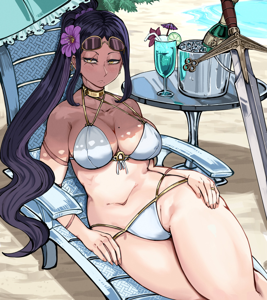 absurdres antares_topaz beach beach_chair bikini black_hair breasts cocktail_umbrella drink eyebrow_cut female flower food fruit gold_collar highres ice_bucket jewelry libra_(antares_topaz) lime_(fruit) lime_slice mole mole_on_breast mole_under_mouth on_chair original purple_flower reclining ring sand scar scar_on_face solo star_(symbol) sunglasses swimsuit sword symbol-shaped_pupils table umbrella water weapon white_bikini yellow-framed_eyewear