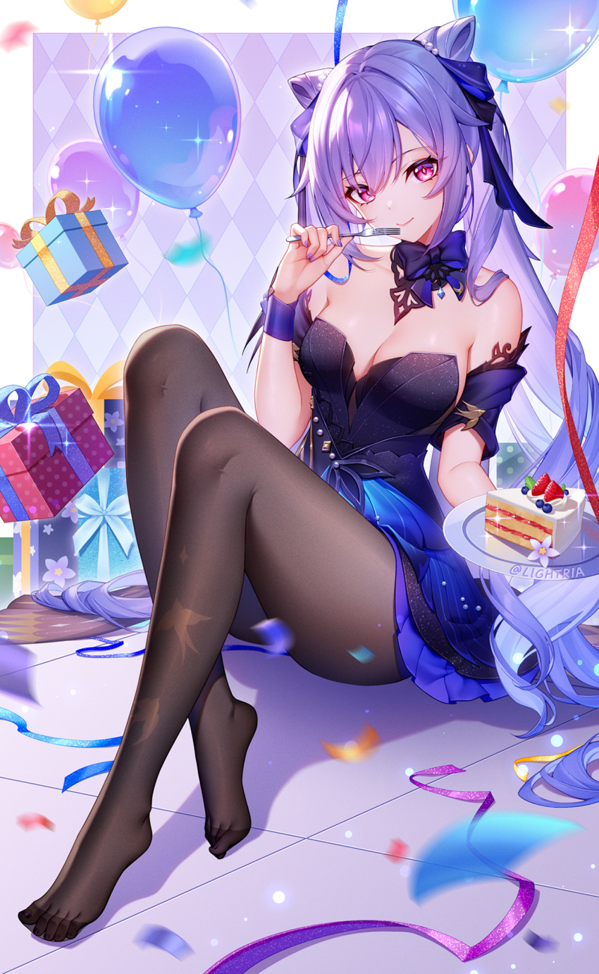 balloon bare_shoulders black_dress blue_skirt blush box breasts brown_pantyhose cake cleavage cone_hair_bun detached_collar dress female food fork genshin_impact gift gift_box hair_bun hair_ribbon highres keqing_(genshin_impact) keqing_(opulent_splendor)_(genshin_impact) lightria long_hair looking_at_viewer medium_breasts no_shoes pantyhose plate purple_eyes purple_hair ribbon sitting skirt smile solo swept_bangs twintails wrist_cuffs