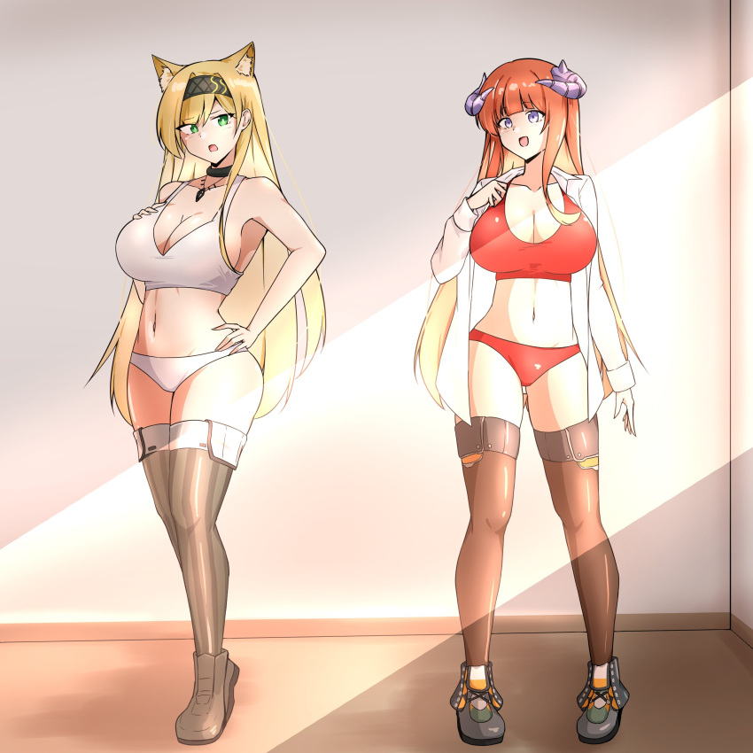 2girls :d absurdres animal_ears arknights arm_at_side bagpipe_(arknights) bikini black_hairband blonde_hair blunt_bangs breast_suppress breasts bright_pupils brown_thighhighs cleavage collarbone commentary_request commission curled_horns english_commentary full_body green_eyes grey_thighhighs groin hairband hand_on_own_hip hand_up highres horn_(arknights) horns indoors large_breasts linea_alba long_hair long_sleeves looking_at_another mixed-language_commentary multiple_girls navel open_clothes open_mouth open_shirt orange_hair purple_eyes purple_horns red_bikini shirt skeb_commission smile standing sunlight swimsuit thighhighs white_bikini white_pupils white_shirt xibu_cai