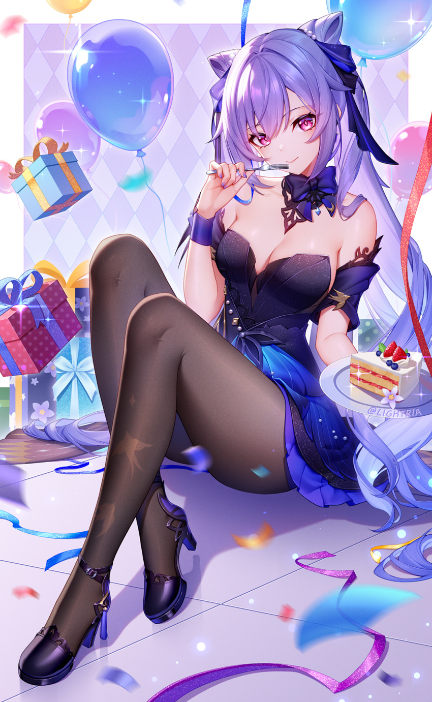 balloon bare_shoulders black_dress blue_skirt blush box breasts brown_pantyhose cake cleavage cone_hair_bun detached_collar dress female food fork genshin_impact gift gift_box hair_bun hair_ribbon high_heels highres keqing_(genshin_impact) keqing_(opulent_splendor)_(genshin_impact) lightria long_hair looking_at_viewer medium_breasts pantyhose plate purple_eyes purple_hair ribbon sitting skirt smile solo swept_bangs twintails wrist_cuffs