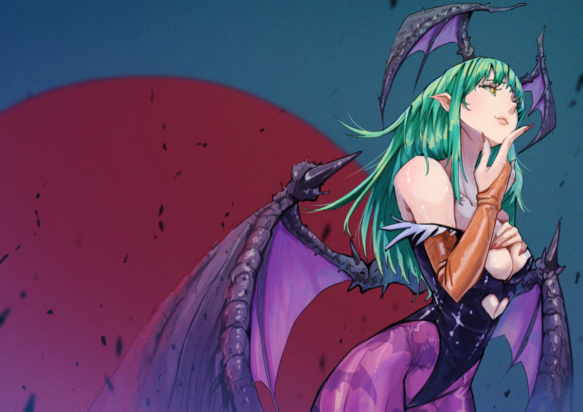 animal_print bat_print bat_wings black_leotard bridal_gauntlets closed_mouth commentary_request darkstalkers demon_girl demon_wings female green_hair head_wings highres leotard long_hair morrigan_aensland pantyhose pointy_ears print_pantyhose purple_pantyhose red_nails sarad_udon smile solo strapless strapless_leotard wings