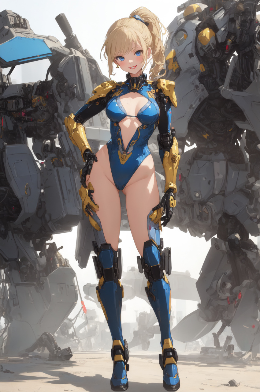 ai-generated confident heroic highleg highres makeup mecha non-web_source original pilot ponytail robot smile